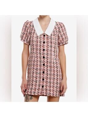 New Pretty Damage Pink Tweed Collared Mini Dress Size; Large Preppy Coquette